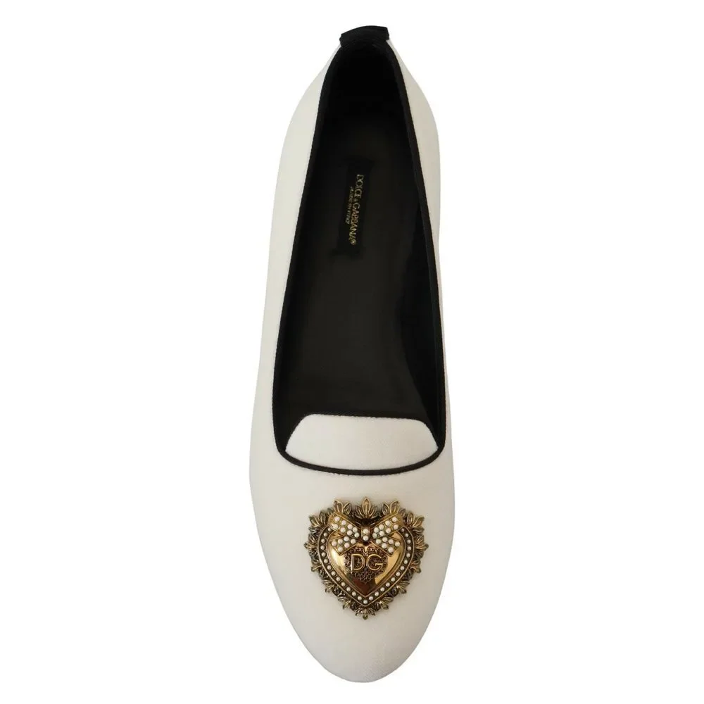 Dolce & Gabbana Elegant White Velvet Loafers with Gold Heart Detail - Picture 2 of 9